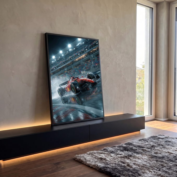 Quadro Decorativo Grande Carro de Corrida para Sala Vermelho | quadros decorativos para sala | carro de corrida vermelho em alta velocidade jogando água na pista à noite | em Quadros para Sala | Porao dos Quadros