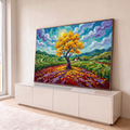 Quadro Decorativo Grande Árvore Dourada para Sala Amarelo | quadros decorativos para sala | árvore de folhas douradas sob céu azul e roxo em espiral, estilo impressionista | em Quadros para Sala | Porao dos Quadros