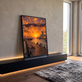 Golden retriever em cais de madeira com bicicleta, veleiros e fortaleza ao pôr do sol, quadro decorativo