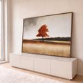 Quadro Decorativo Árvore Vermelha Solitária no Campo Dourado | quadros decorativos para sala | árvore solitária de folhas vermelhas em campo dourado sob céu cinza | em Quadros para Sala | Porao dos Quadros