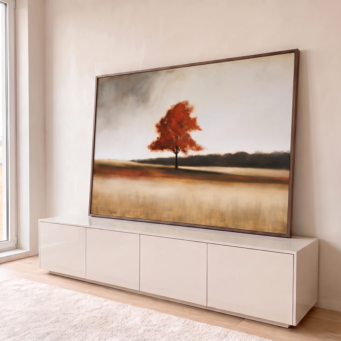 Quadro Decorativo Árvore Vermelha Solitária no Campo Dourado | quadros decorativos para sala | árvore solitária de folhas vermelhas em campo dourado sob céu cinza | em Quadros para Sala | Porao dos Quadros