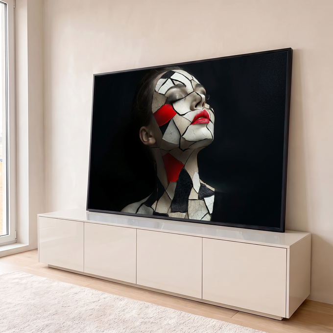 Quadro Decorativo Grande Rosto Fragmentado para Sala Preto | quadros decorativos para sala | mulher de perfil com rosto fragmentado em textura de porcelana bege e vermelho | em Quadros para Sala | Porao dos Quadros