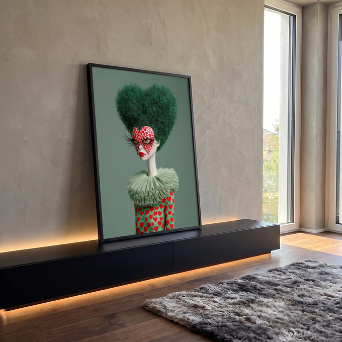 Boneca surreal de cabelo verde em forma de coração e máscara de corações vermelhos, quadro decorativo