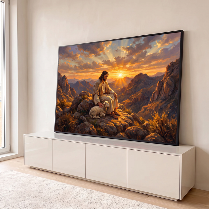 Jesus sentado na montanha fazendo carinho em um cordeiro ao pôr do sol, pintura a óleo, quadro decorativo