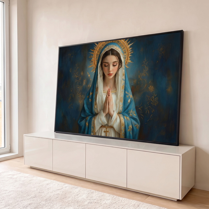 Quadro Decorativo Grande Nossa Senhora Cruz para Sala Azul | quadros decorativos para sala | Nossa Senhora de olhos fechados em oração, manto azul e auréola dourada | em Quadros para Sala | Porao dos Quadros