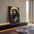 Quadro Decorativo Grande Jesus Dourado para Sala Preto | quadros decorativos para sala | retrato de Jesus Cristo em preto e branco com coroa de espinhos e lágrimas douradas | em Quadros para Sala | Porao dos Quadros