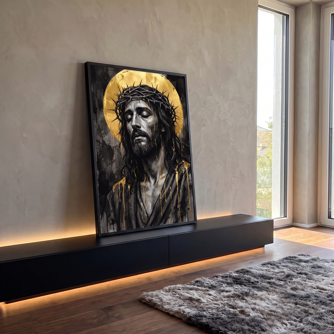 Quadro Decorativo Grande Jesus Dourado para Sala Preto | quadros decorativos para sala | retrato de Jesus Cristo em preto e branco com coroa de espinhos e lágrimas douradas | em Quadros para Sala | Porao dos Quadros