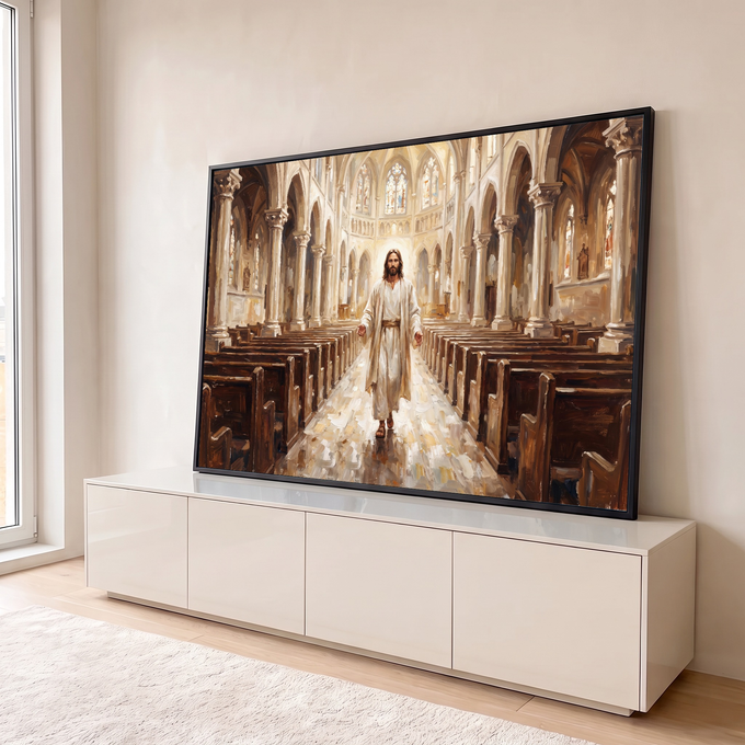 Quadro Decorativo Grande Jesus Catedral Dourada para Sala | quadros decorativos para sala | Jesus de túnica branca caminhando em corredor de catedral com luz dourada e vitrais | em Quadros para Sala | Porao dos Quadros