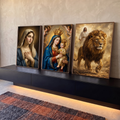 Quadro Decorativo Kit 3 Telas Nossa Senhora Jesus para Sala | quadros decorativos para sala | Nossa Senhora com Menino Jesus, anjos e Jesus junto a um leão coroado | em Quadros para Sala | Porao dos Quadros