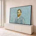 Autorretrato de Van Gogh de barba ruiva e paletó azul sobre fundo de espirais azuis, quadro decorativo