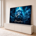 Quadro Decorativo Grande Leão com Raios para Escritório Azul | quadros decorativos para sala | rosto de leão azul elétrico sob raios com a palavra Disciplina | em Quadros para Escritório | Porao dos Quadros