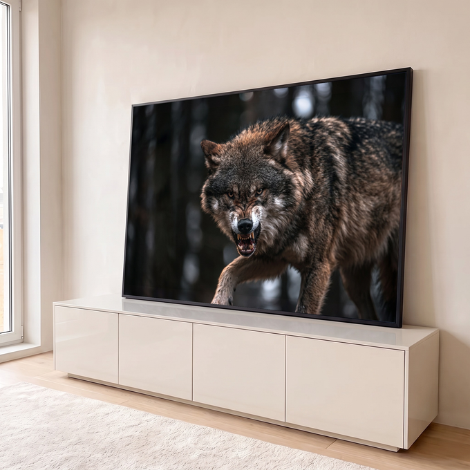 Lobo cinzento rosnando e avançando com presas à mostra, fundo de floresta escura desfocada, quadro decorativo