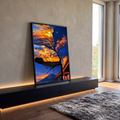Quadro Decorativo Grande Árvore o Dia para Sala Laranja | quadros decorativos para sala | árvore silhueta dividindo pôr do sol dourado e céu noturno estrelado com Monte Fuji | em Quadros para Sala | Porao dos Quadros