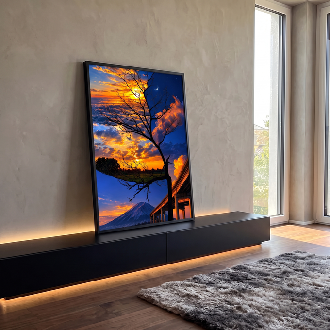 Quadro Decorativo Grande Árvore o Dia para Sala Laranja | quadros decorativos para sala | árvore silhueta dividindo pôr do sol dourado e céu noturno estrelado com Monte Fuji | em Quadros para Sala | Porao dos Quadros