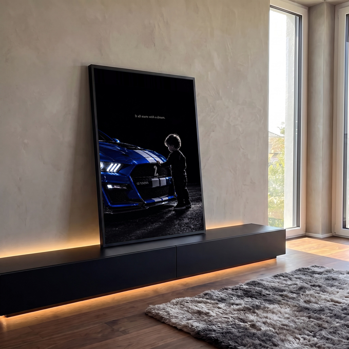 Quadro Decorativo Grande Criança Observando para Sala Preto | quadros decorativos para sala | criança em silhueta tocando capô de carro esportivo azul no escuro | em Quadros para Sala | Porao dos Quadros