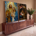 Quadro Decorativo Kit 2 Telas Sagrada Família para Sala Azul | quadros decorativos para sala | díptico com Sagrada Família estilizada e cena clássica da Natividade com pastores e anjos | em Quadros para Sala | Porao dos Quadros