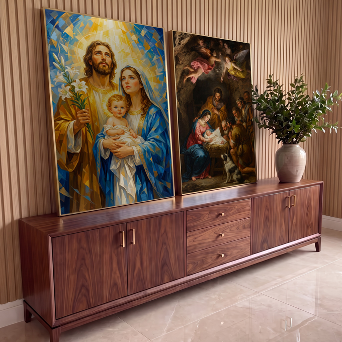 Quadro Decorativo Kit 2 Telas Sagrada Família para Sala Azul | quadros decorativos para sala | díptico com Sagrada Família estilizada e cena clássica da Natividade com pastores e anjos | em Quadros para Sala | Porao dos Quadros