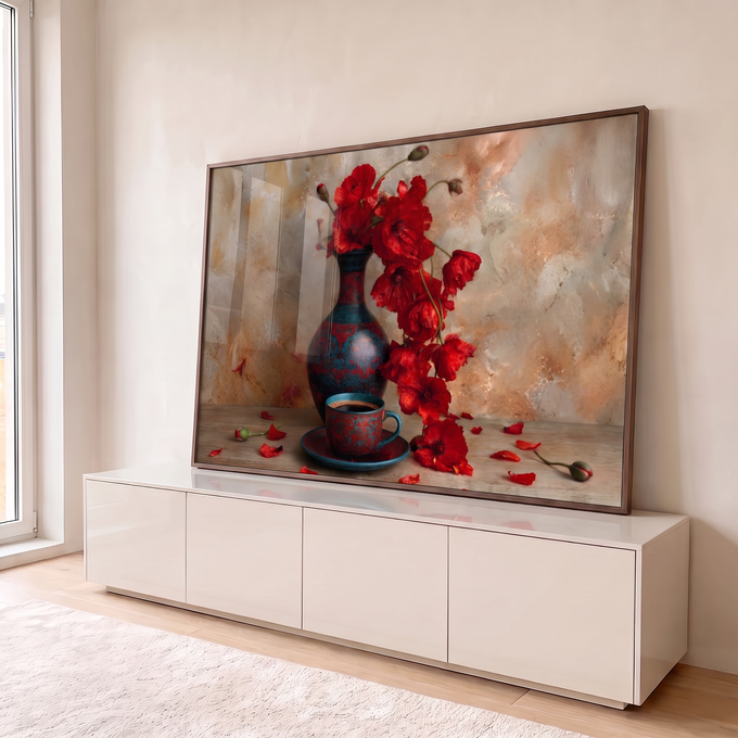 Quadro Decorativo Grande Papoulas Pétalas para Sala Vermelho | quadros decorativos para sala | vaso azul com papoulas vermelhas ao lado de xícara de café sobre fundo rústico | em Quadros para Sala | Porao dos Quadros