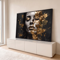 Quadro Decorativo Grande Rosto Feminino para Sala Preto | quadros decorativos para sala | rosto feminino com olhos fechados e metade coberta por textura dourada craquelada | em Quadros para Sala | Porao dos Quadros