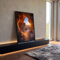 Gruta de arenito laranja no deserto com raios de sol atravessando a abertura, quadro decorativo