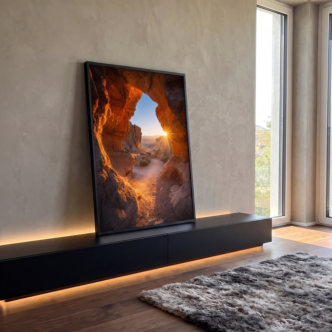 Gruta de arenito laranja no deserto com raios de sol atravessando a abertura, quadro decorativo
