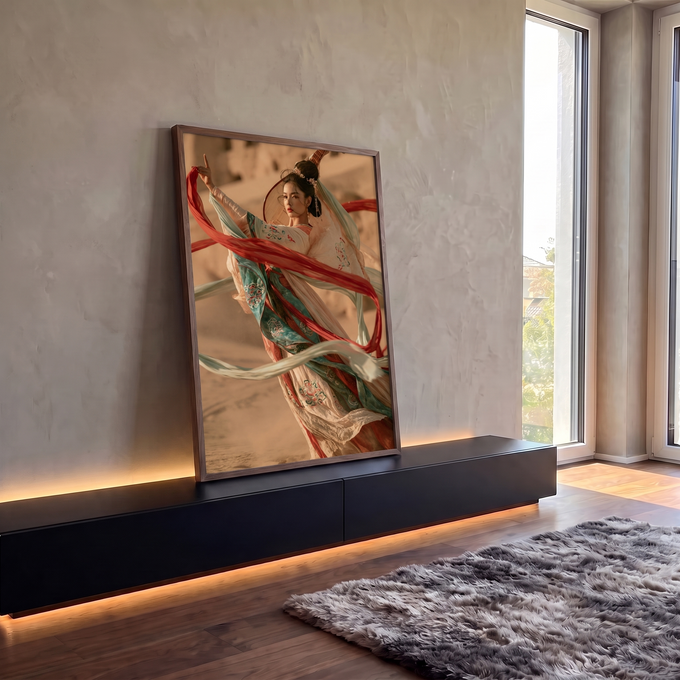 Quadro Decorativo Dançarina Oriental com Fitas ao Vento | quadros decorativos para sala | mulher em hanfu com fitas vermelhas e verde-água esvoaçando no deserto | em Quadros para Sala | Porao dos Quadros