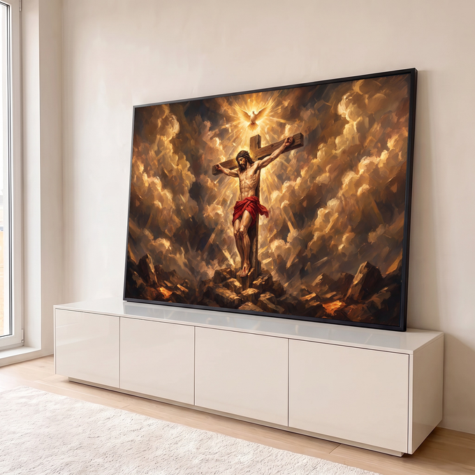 Quadro Decorativo Grande Jesus Crucificado Dourado para Sala | quadros decorativos para sala | Jesus crucificado com manto vermelho sob pomba branca em luz dourada intensa | em Quadros para Sala | Porao dos Quadros