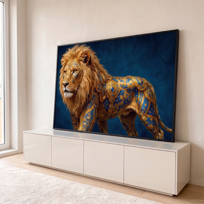 Leão majestoso com armadura dourada ornamentada e pedras azuis sobre fundo azul profundo, quadro decorativo