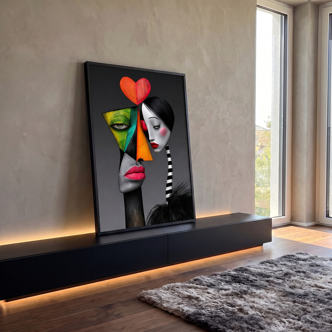 Casal de rostos abstratos, um geométrico colorido e outro pálido, sob coração vermelho, quadro decorativo