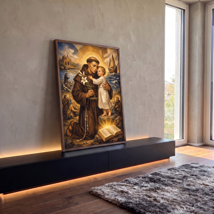 Quadro Decorativo Grande Santo Antônio Marrom para Sala | quadros decorativos para sala | Santo Antônio de hábito marrom abraça o Menino Jesus com lírio branco e auréola dourada | em Quadros para Sala | Porao dos Quadros