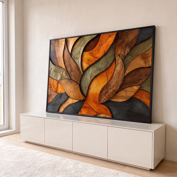 Quadro Decorativo Grande Folhas Entrelaçadas para Sala | quadros decorativos para sala | formas de folhas em madeira entrelaçadas em laranja, verde e marrom em espiral | em Quadros para Sala | Porao dos Quadros