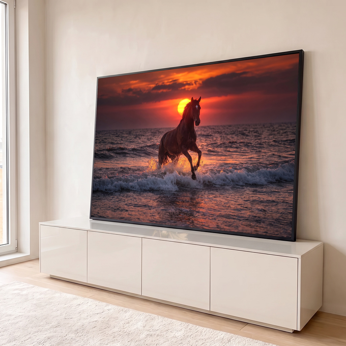 Quadro Decorativo Grande Cavalo Correndo para Sala Laranja | quadros decorativos para sala | cavalo marrom correndo nas ondas do mar sob pôr do sol laranja intenso | em Quadros para Sala | Porao dos Quadros
