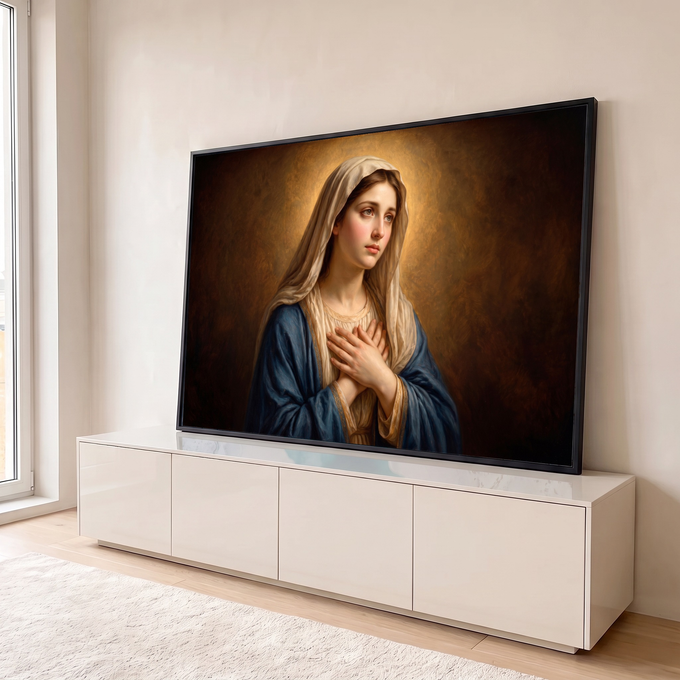 Quadro Decorativo Grande Nossa Senhora Peito para Sala Azul | quadros decorativos para sala | Nossa Senhora com véu bege e manto azul, mãos cruzadas sobre o peito em oração | em Quadros para Sala | Porao dos Quadros