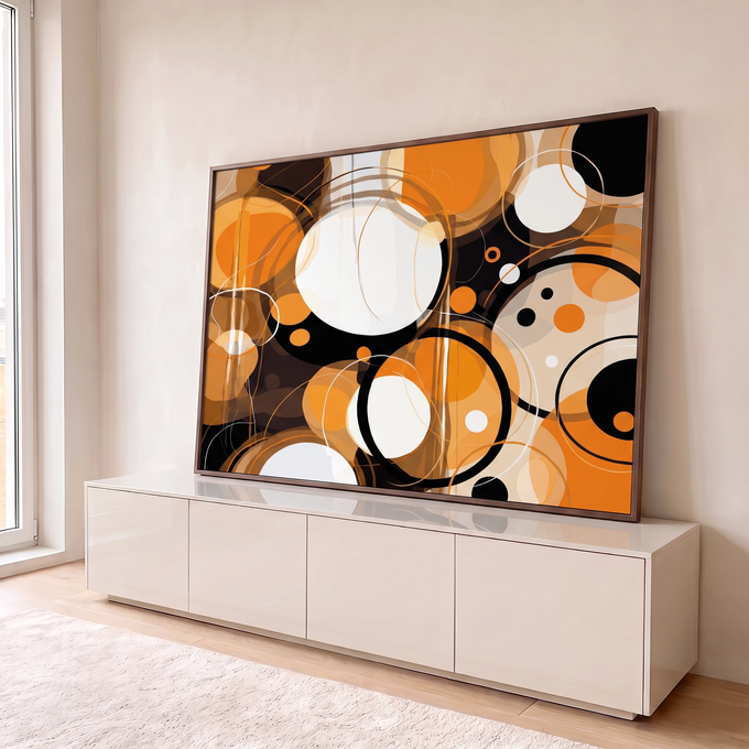 Quadro Decorativo Grande Círculos Abstratos para Sala | quadros decorativos para sala | círculos sobrepostos em laranja branco e preto formando composição abstrata geométrica | em Quadros para Sala | Porao dos Quadros