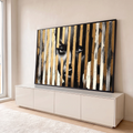 Quadro Decorativo Grande Rosto Listras Douradas para Sala | quadros decorativos para sala | rosto feminino em preto e branco coberto por faixas douradas e cinza verticais | em Quadros para Sala | Porao dos Quadros