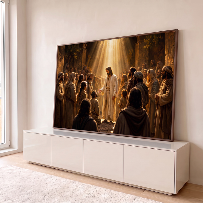 Jesus Cristo de túnica branca entre a multidão sob feixe de luz dourada, quadro decorativo