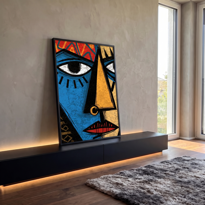 Quadro Decorativo Máscara Tribal Azul e Dourada | quadros decorativos para sala | rosto estilizado tribal dividido em azul e dourado com olhos grandes e boca vermelha | em Quadros para Sala | Porao dos Quadros