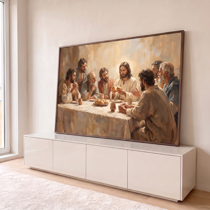 Quadro Decorativo Grande Última Ceia Bege para Sala | quadros decorativos para sala | Jesus e oito apóstolos reunidos à mesa na Última Ceia em tons terrosos | em Quadros para Sala | Porao dos Quadros