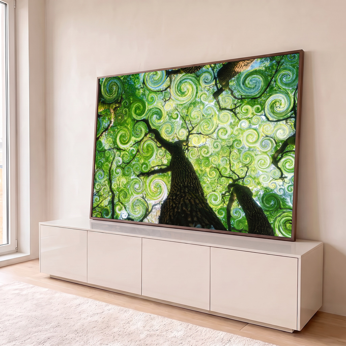 Quadro Decorativo Grande Copa de Árvores para Sala Verde | quadros decorativos para sala | copas de árvores vistas de baixo com efeito espiral verde hipnótico | em Quadros para Sala | Porao dos Quadros