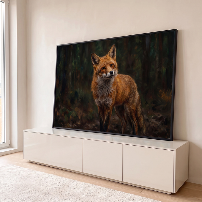 Quadro Decorativo Grande Raposa Vermelha Laranja para Sala | quadros decorativos para sala | raposa vermelha em pé olhando para frente em cenário de floresta escura | em Quadros para Sala | Porao dos Quadros
