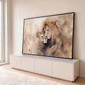 Leão e leoa abraçados em pintura de pinceladas suaves em tons bege e caramelo, quadro decorativo