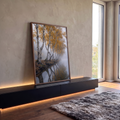 Quadro Decorativo Bétulas Douradas na Névoa Refletidas | quadros decorativos para sala | fileira de bétulas com folhas douradas refletidas num rio coberto de névoa | em Quadros para Sala | Porao dos Quadros