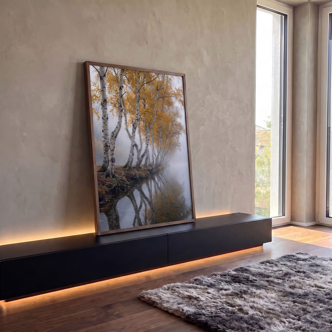 Quadro Decorativo Bétulas Douradas na Névoa Refletidas | quadros decorativos para sala | fileira de bétulas com folhas douradas refletidas num rio coberto de névoa | em Quadros para Sala | Porao dos Quadros