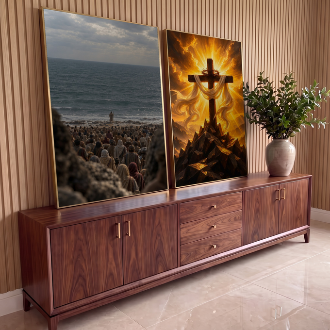Quadro Decorativo Kit 2 Telas Cruz para Sala Dourado | quadros decorativos para sala | cruz de madeira com coroa de espinhos sobre montanha e multidão bíblica na praia | em Quadros para Sala | Porao dos Quadros