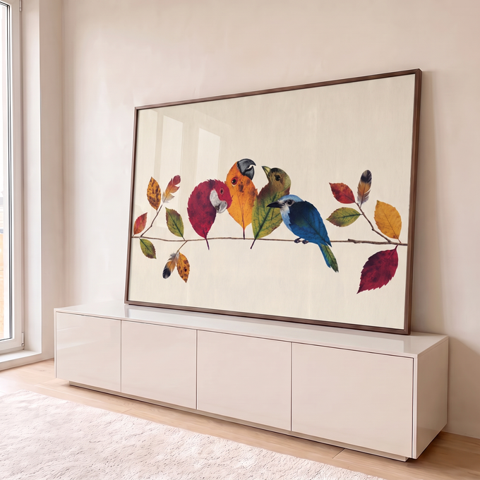 Pássaros feitos de folhas de outono vermelhas, laranjas, verdes e azuis num galho, quadro decorativo