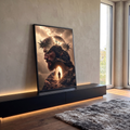 Quadro Decorativo Grande Jesus Crucificação para Sala Marrom | quadros decorativos para sala | rosto de Jesus com coroa de espinhos fundido a montanha com três cruzes e túmulo | em Quadros para Sala | Porao dos Quadros