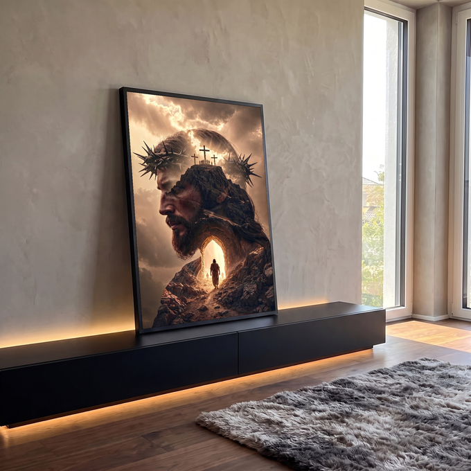 Quadro Decorativo Grande Jesus Crucificação para Sala Marrom | quadros decorativos para sala | rosto de Jesus com coroa de espinhos fundido a montanha com três cruzes e túmulo | em Quadros para Sala | Porao dos Quadros