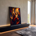 Quadro Decorativo Grande Nossa Senhora das Dores para Sala | quadros decorativos para sala | Nossa Senhora em oração com espada no peito e Cristo crucificado ao fundo | em Quadros para Sala | Porao dos Quadros