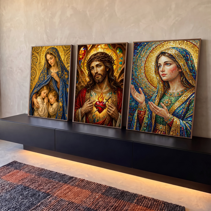 Quadro Decorativo Kit 3 Telas Jesus para Sala Dourado | quadros decorativos para sala | tríptico religioso com Jesus, Sagrado Coração e Nossa Senhora em mosaico dourado | em Quadros para Sala | Porao dos Quadros