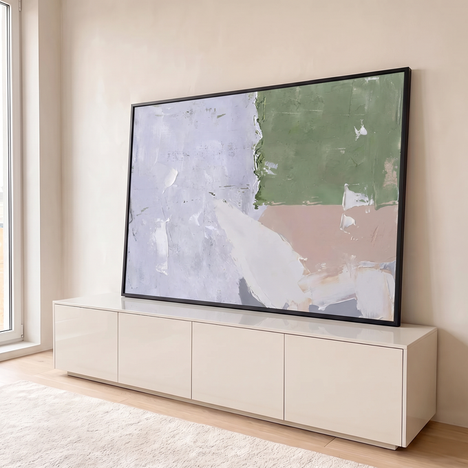 Pintura abstrata empastada com blocos branco, verde sálvia e rosé feitos a espátula, quadro decorativo